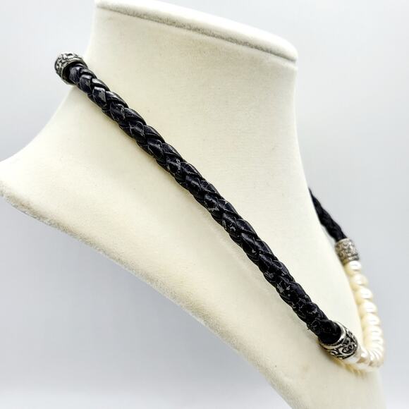 Black Faux Leather Woven Rope Imitation Pearl Closure Choker Necklace Unbranded - Picture 3 of 10